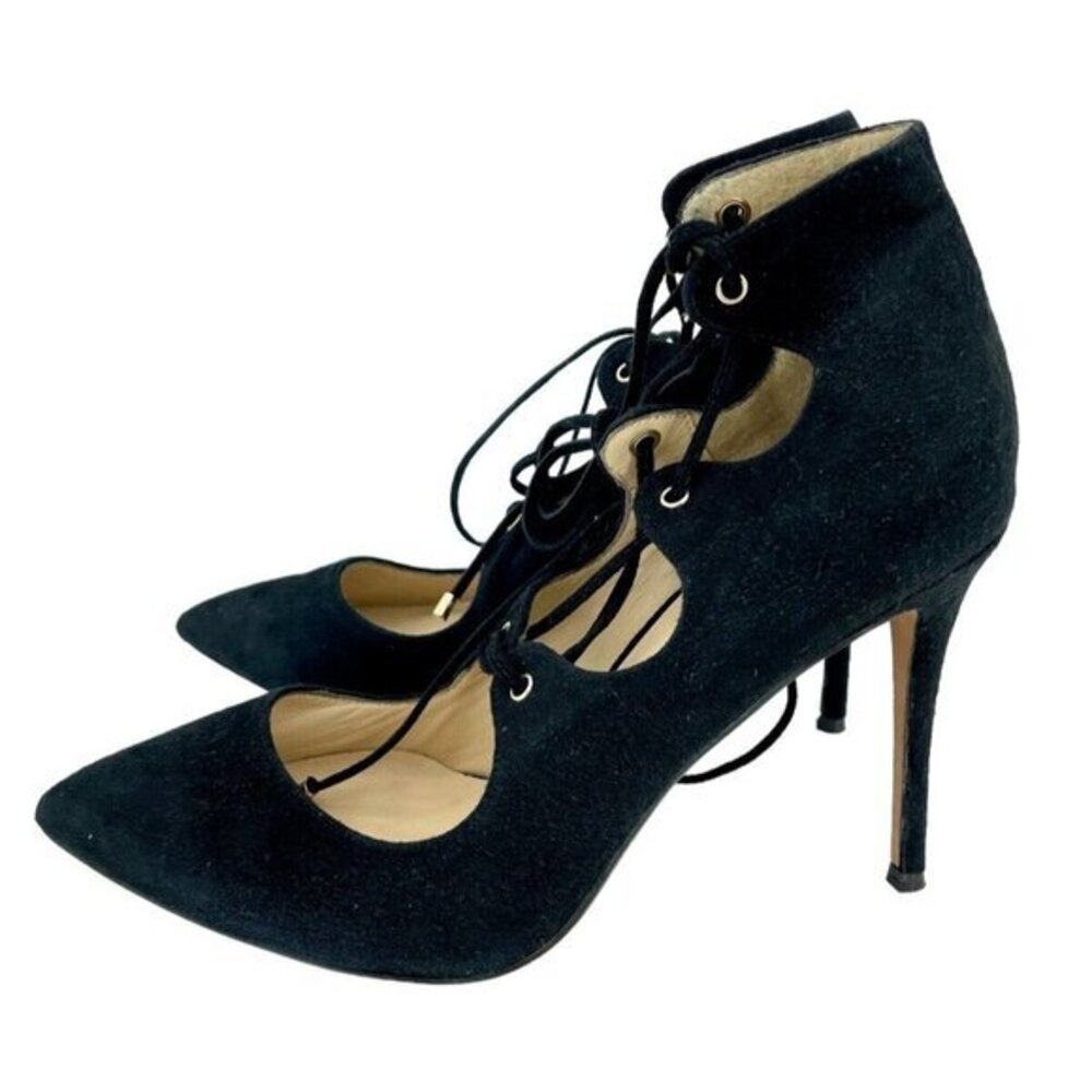 Raye Pumps Stilettos High Heels Black Suede Leather Lace Up SZ 37.5 EU New